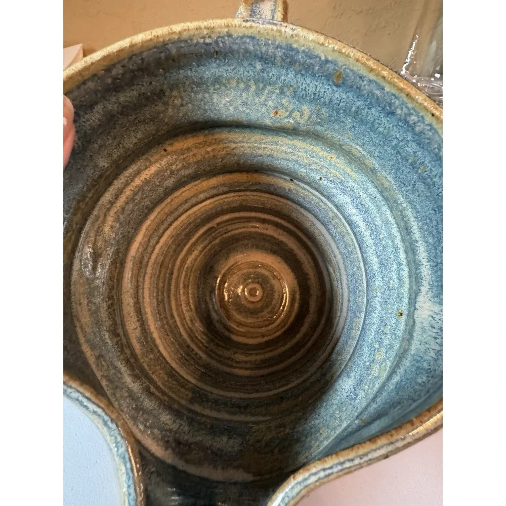 Signed Studio Art Pottery Pitcher Blue Green Earth Tone Glaze 2003 Jug